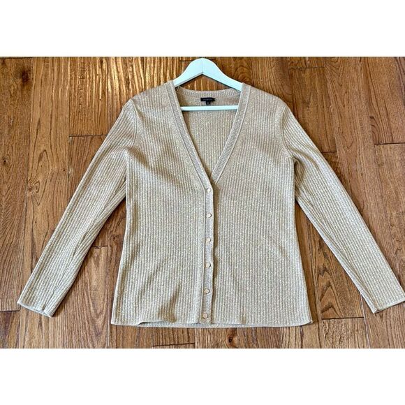 Talbots gold metallic ribbed vneck cardigan sweater m - Picture 10 of 10